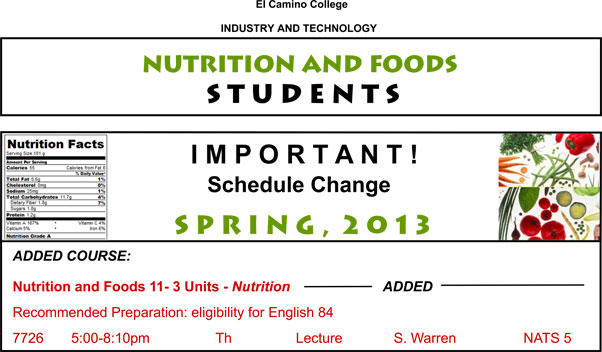 Nutrition Schedule Changes SP 2013