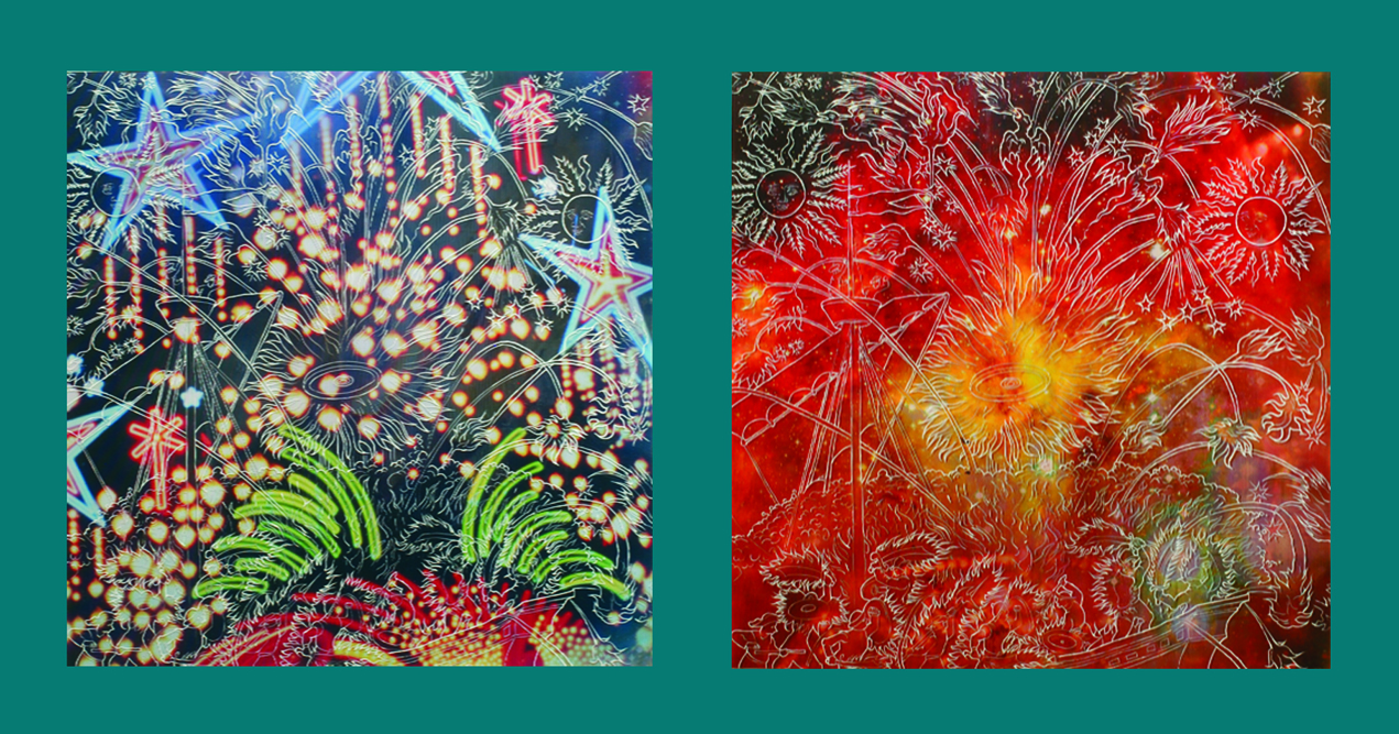 Postcard Image for exhibition : Barbara Strasen; Lights & Fireworks; painted original lenticular; left and right of four changing views; 24”x24” Postcard Image for exhibition : Barbara Strasen; Lights & Fireworks; painted original lenticular; left and right of four changing views; 24”x24”