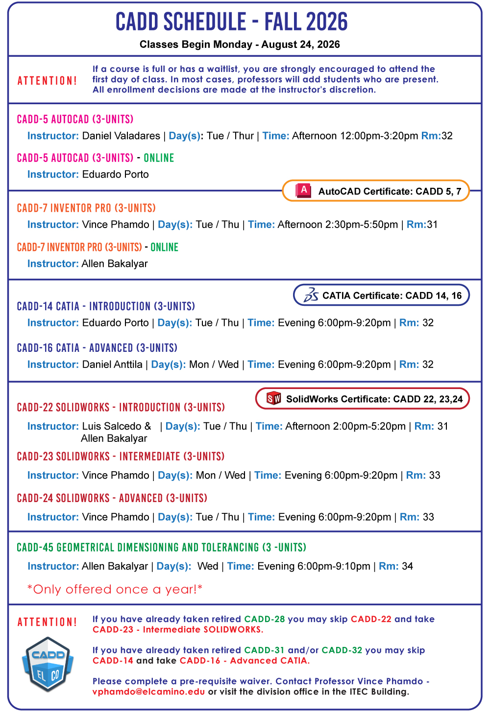 CADD Schedule Fall 2026