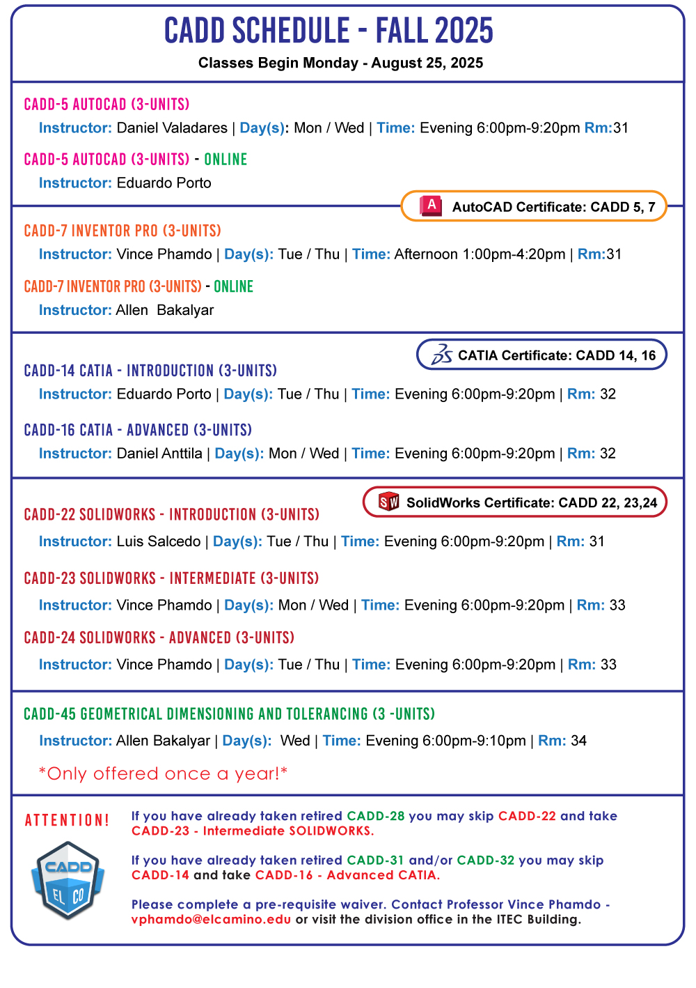 CADD spring schedule 