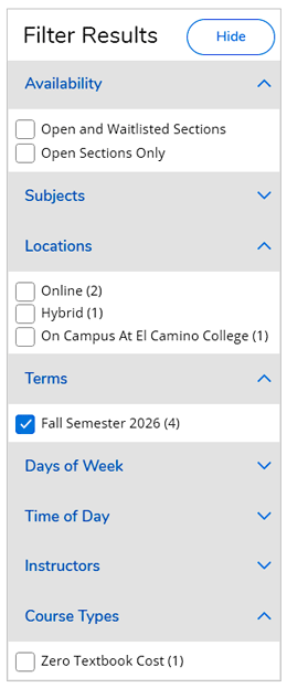 Options to filter search results