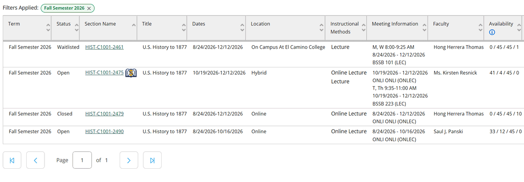 Online Class Schedule search results