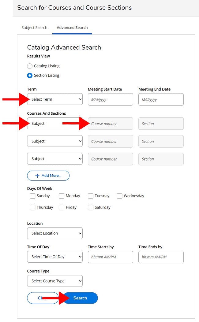 Online Class Schedule search fields