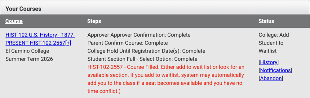DualEnroll status showing College step