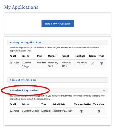CCCApply screen displaying In-Progress and Submittted Applications