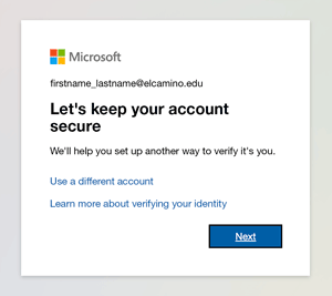 Screen showing "Let's keep your account secure"