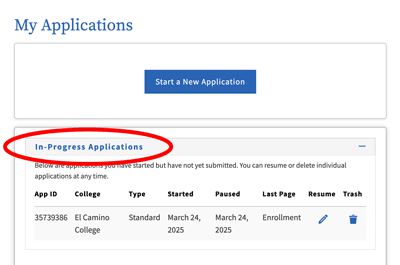CCCApply screen displaying In-Progress Applications