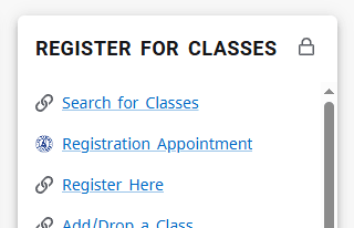 Register for Classes menu in MyECC