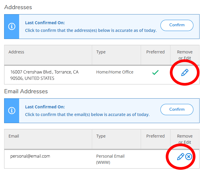 Update Address and Email Address screen in MyECC