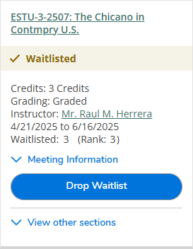 Screen showing a button to Drop Waitlist