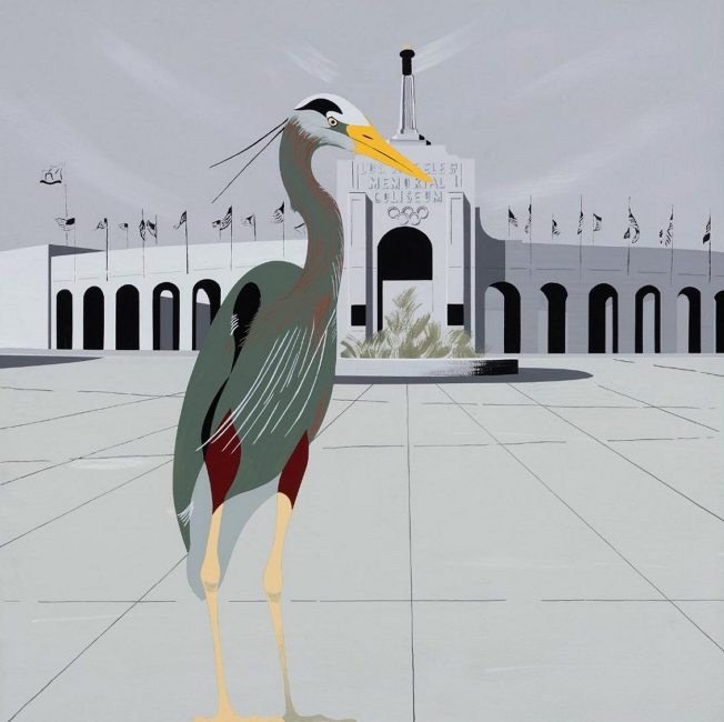 Hilary Baker; Heron, Los Angeles Memorial Coliseum; acrylic on linen; 24" x 24"