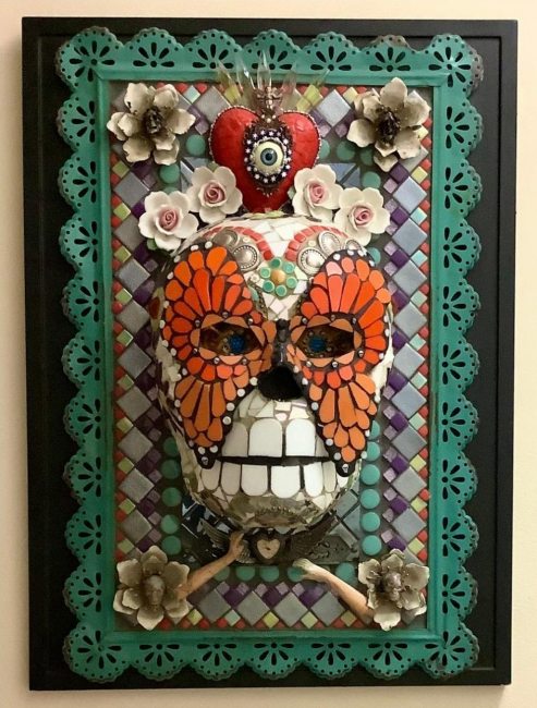Mary Clark-Carmargo; We Will Not Fade Away; glass mosaic and found object wall hanging; 17"x 22½"; 2020