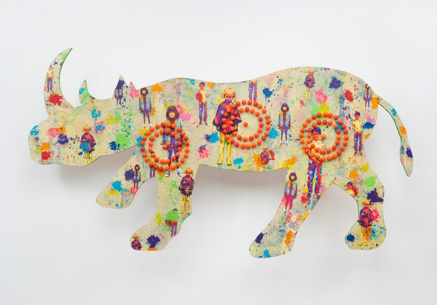 Lauren Evans; Welcome to the Rhino #4; wood, rubber balls, mixed media; 82¼”x 48”x 7½”; 2017