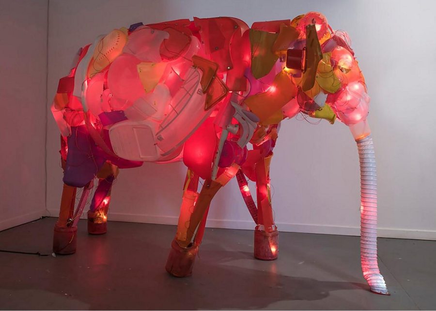Cynthia Minet; Unsustainable Creatures: Elephant; post-consumer plastics, PVC, LEDs, hardware; 80" x 115" x 52"; 2013