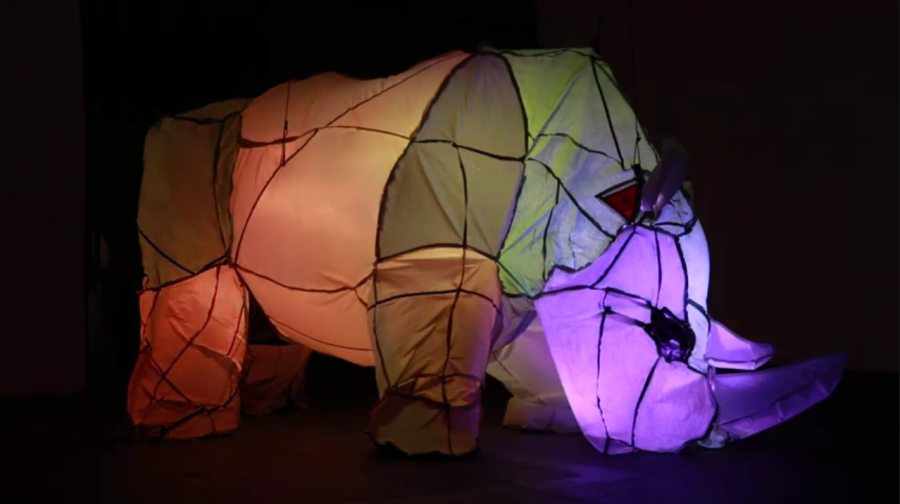 Cynthia Minet; Seconds to Last; (inflatable) repurposed camping tents, sequenced LEDS, rope, lead weights, fan; Lighting Design: Vaughn Hannon; 60" x 120" x 64"; 2021