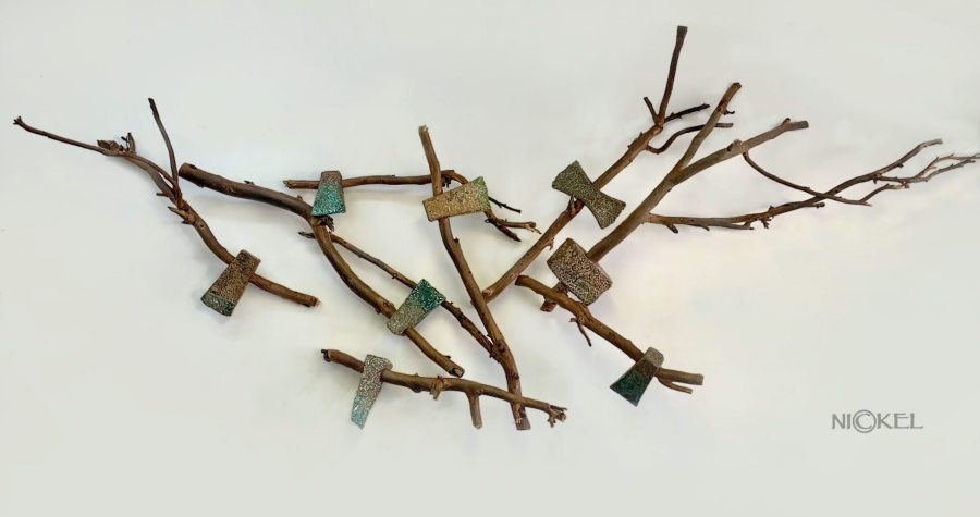 Lowell Nickel; Axes Comp; mixed media slab built ceramic axes with branches; 7" x 12"