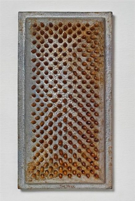 Sarah Perry; The Meek; aluminum grate, altered shed cicada skin abdomens, silicone; 20½" x 11" x 3½"; 2009