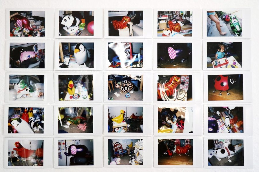Satoe Fukushima; Helios' Animalis Installation Documentation; helium filled balloons, kids, parties, mess, instant films, blue tapes, measuring tape; 2021