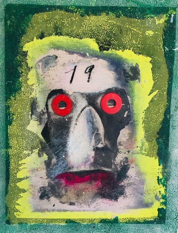 Peter Liashkov; Mister Pandemiko 2020; Acrylic, oil, charcoal, print transfer, washers on fiberglass mesh; 23" x 18"; 2020