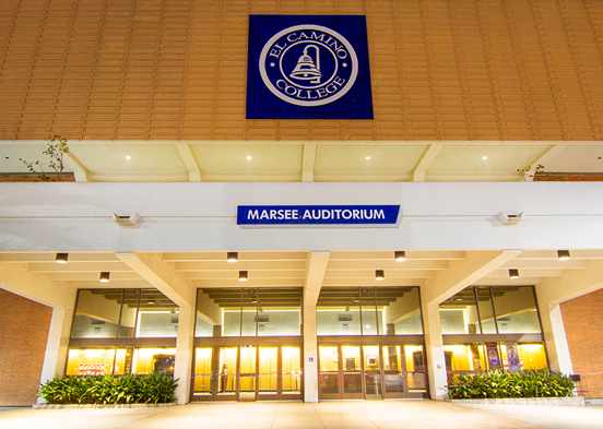 Front of Marsee Auditorium at night.
