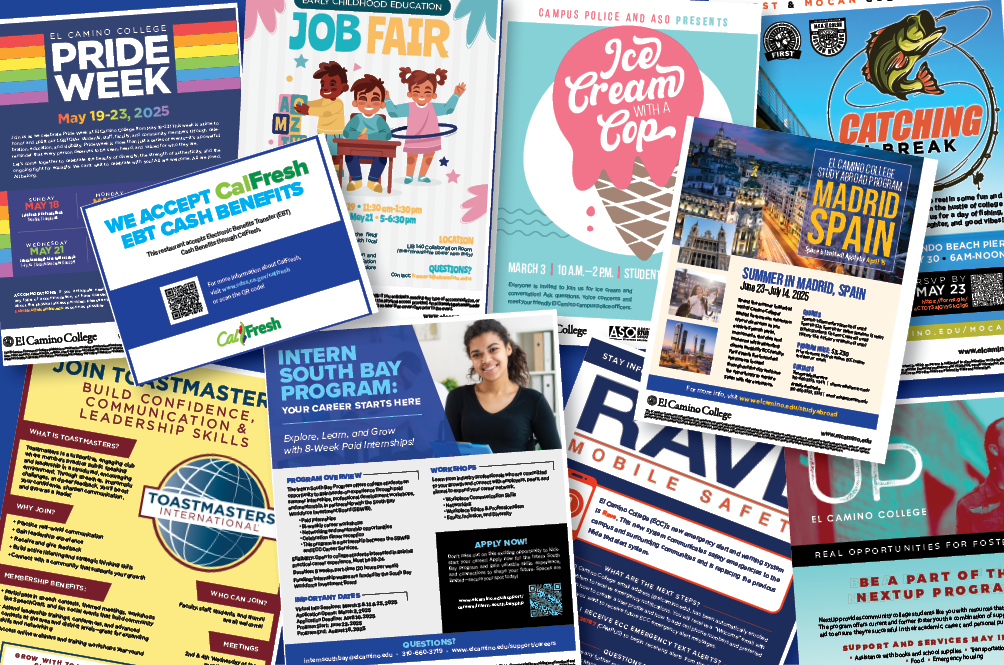 Sample flyers layered on top of each other.