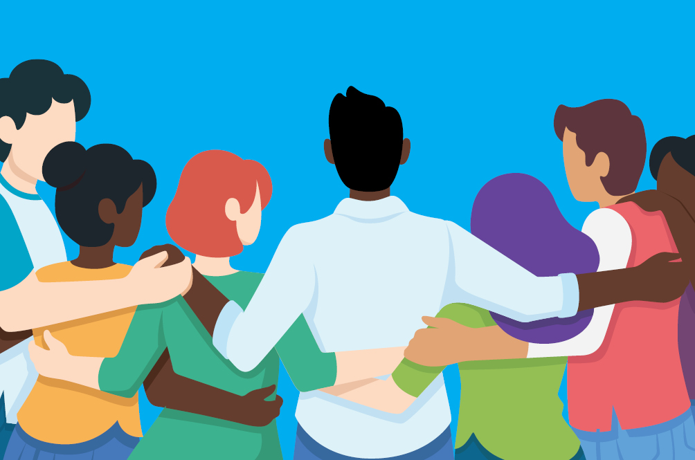 People standing together with arms around each other.