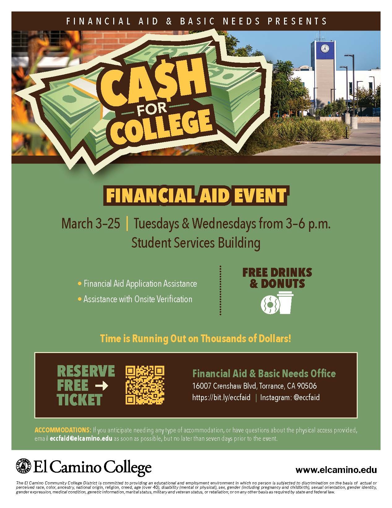 Cash for College every Tuesday and Wednesday in March from 3pm-6pm