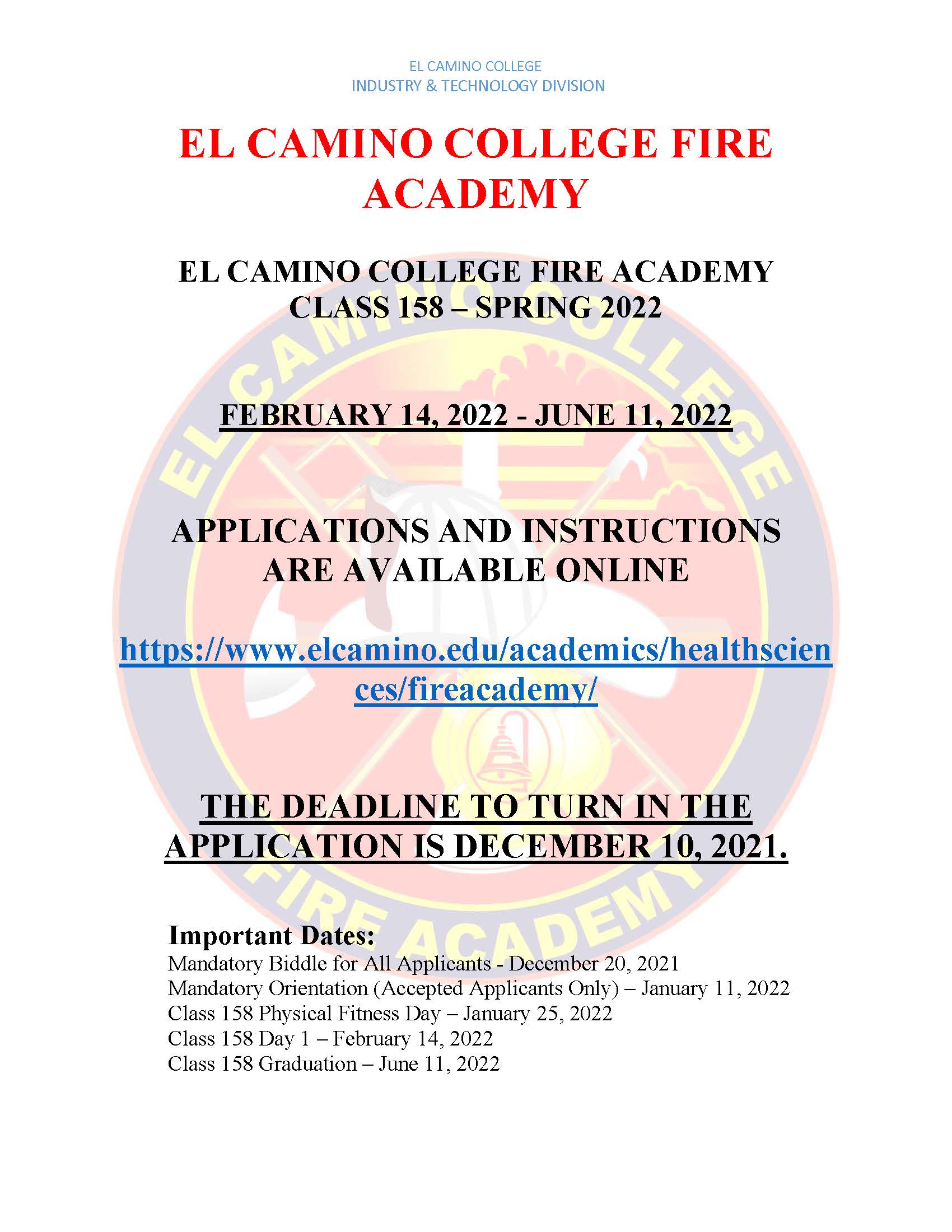 El Camino College Spring 2022 Schedule Fire Academy | El Camino College | Torrance, Ca
