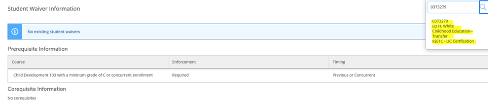 Screenshot of student waiver information and where to enter their ID number