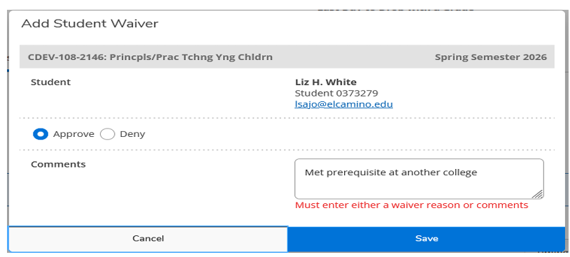 Screenshot of Add Student Waiver page
