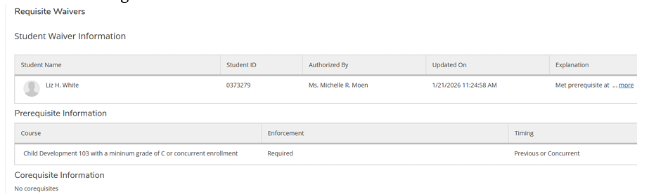 Screenshot of saved student waiver information