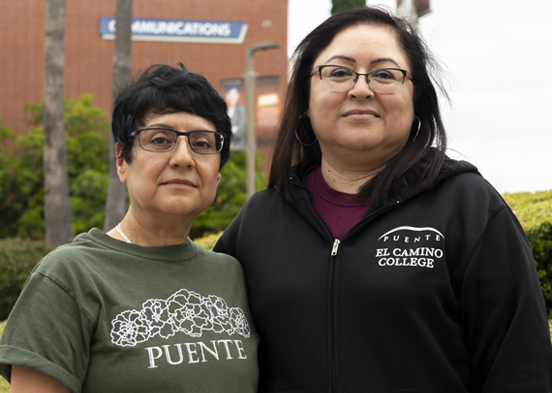 Puente Project counselors and co-coordinators Griselda Castro (left) and Maribel Hernandez (right) pose on campus near the Communications building at El Camino College.