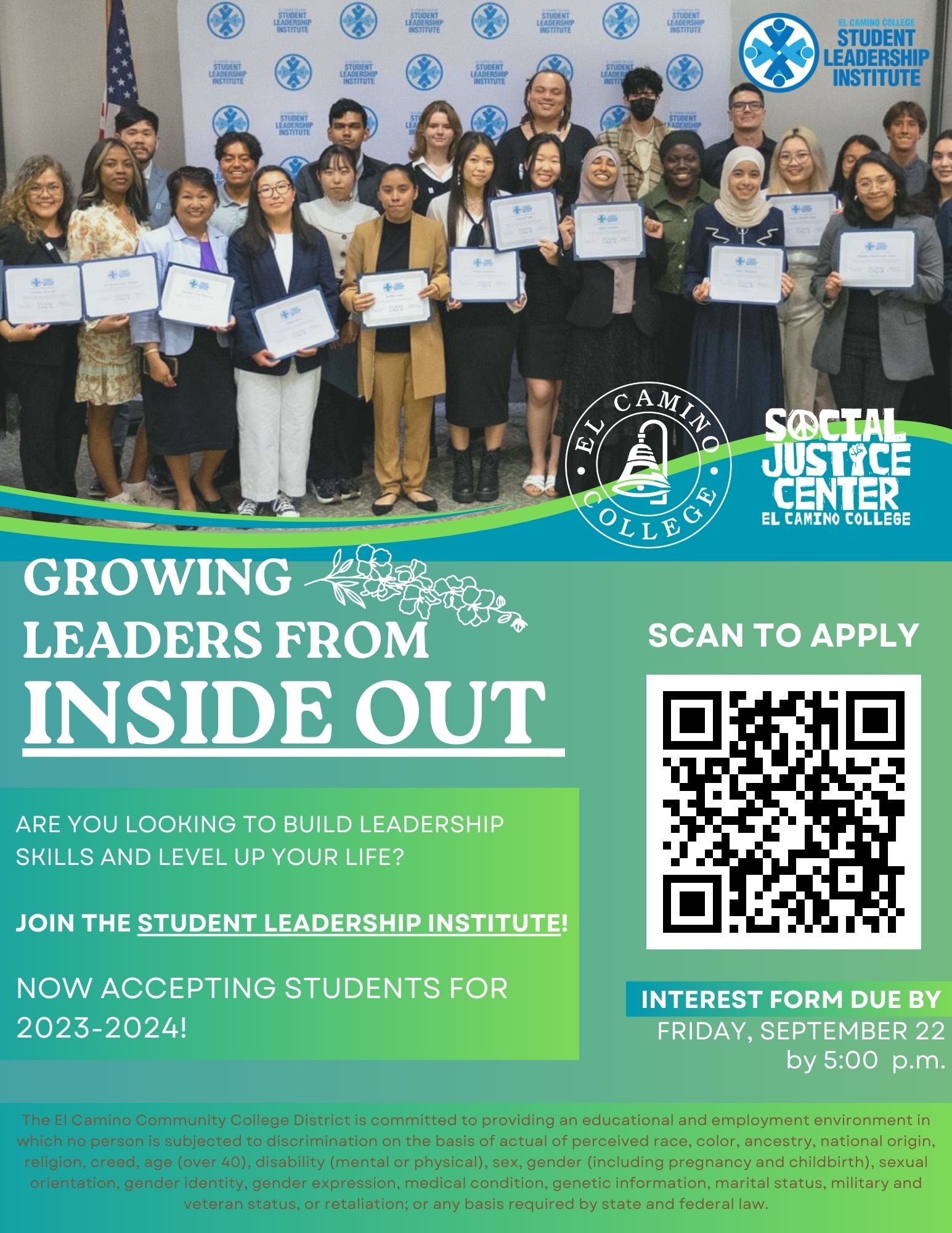 This is an announcement for a Student Leadership program with a QR code that is linked to the application