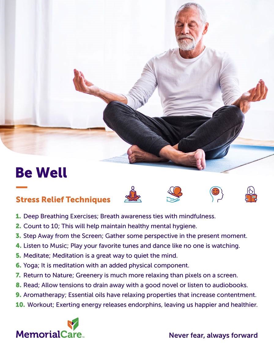 man meditating and list of stress relieving tips