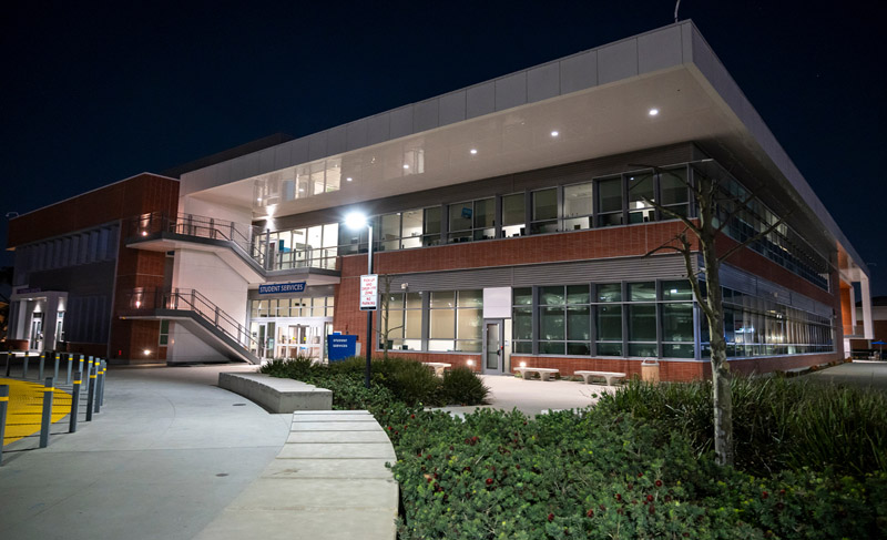 Student Services Building at night