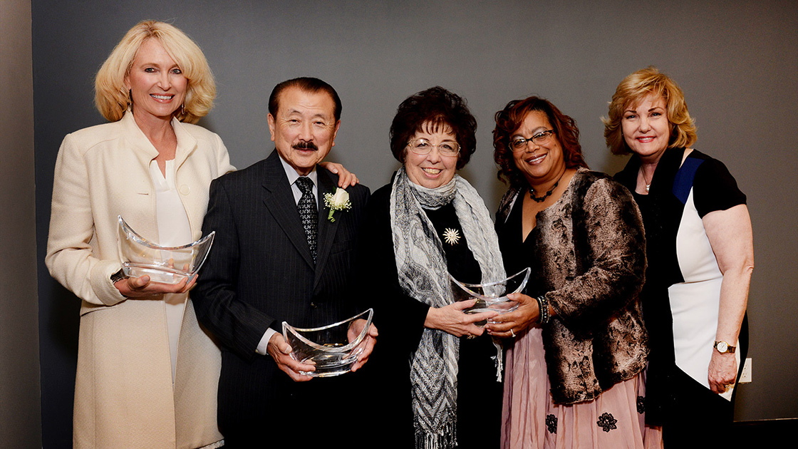 ECC Distinguished Alumni Honored Left to Right: Laura Allman Schenasi, George Nakano, Eleanor Bersano, Helen Young (wife of William Allen Young), and ECC President Dr. Dena P. Maloney.