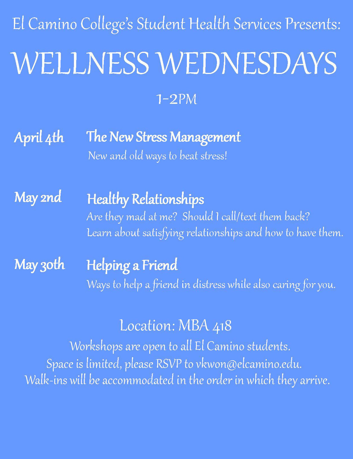 Student Health Services Provides New Workshops for Spring
