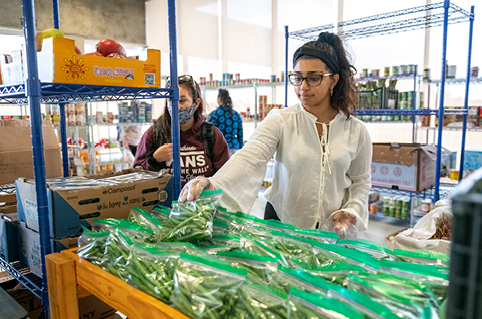 Staff handling food at the Warrior Pantry